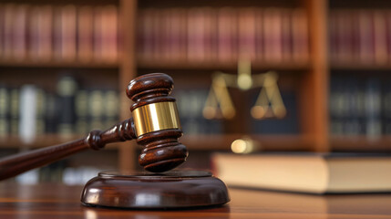Judge gavel on a wooden desk, law books background