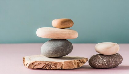 composition of geometric balancing wooden stones concept of balance pastel background with copy space