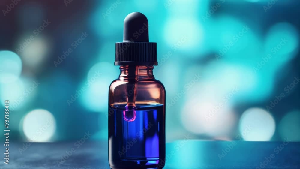 Poster a bottle of blue liquid is seen sitting on top of a table. this image can be used for various purpos