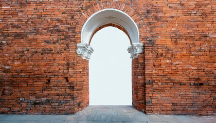 portal door arch way window frame filled with white in the center of ancient red orange brick wall with as surface texture background