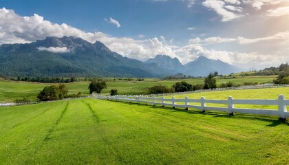 green pastures with white cement fence