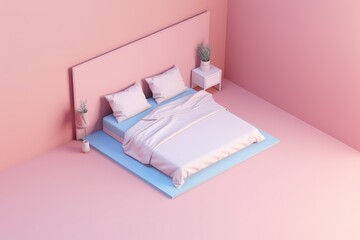 3D Isometric of bedroom with white bedsheet picture frame and side table isolated on pink background 