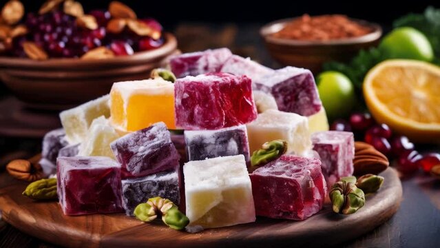 Fresh and vibrant assorted fruit cubes arranged on a wooden plate. Perfect for healthy eating concepts or summer-themed designs.