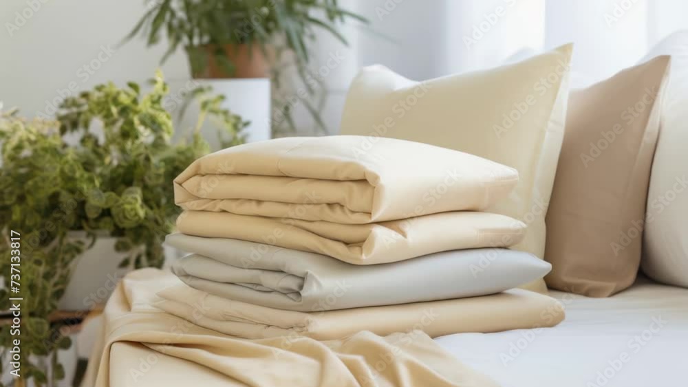 Poster folded sheets neatly stacked on top of a bed. perfect for showcasing a clean and organized bedroom.