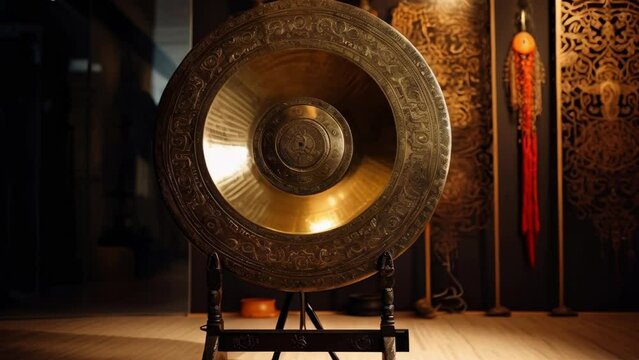 A gong on a stand in a room. Suitable for meditation or Asian-themed designs.