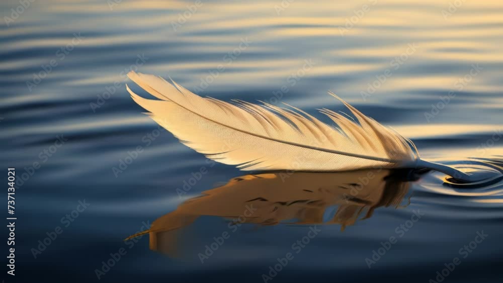 Poster a serene image of a white feather gracefully floating on top of a body of water. this picture captur