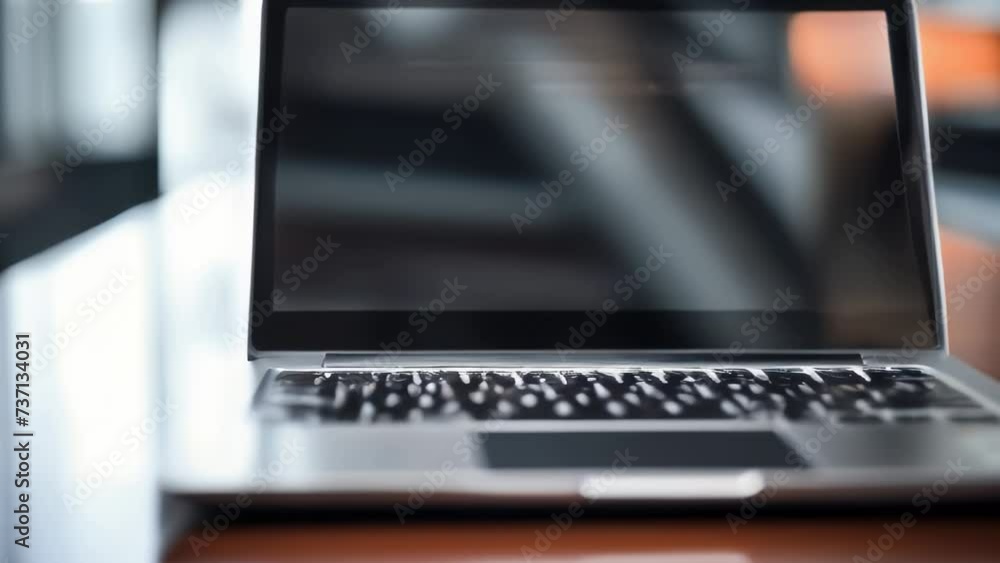 Poster Laptop computer sitting on top of a wooden table. Perfect for technology or workspace concepts.