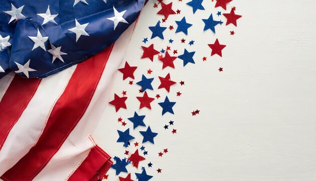 picturing a vibrant concept for a happy labor day celebration top view photo of usa national flag star shaped confetti on white background with empty space for advert or text