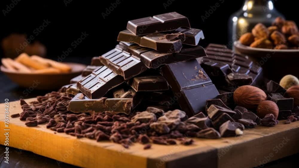 Poster a stack of chocolate bars arranged neatly on a rustic wooden cutting board. perfect for food or dess