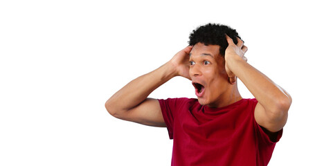 Man, surprise and mouth open for announcement, reaction and shock isolated on png transparent...