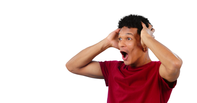 Man, surprise and mouth open for announcement, reaction and shock isolated on png transparent background. Wow, facial expression for drama or gossip, mind blowing info and secret news with alarm
