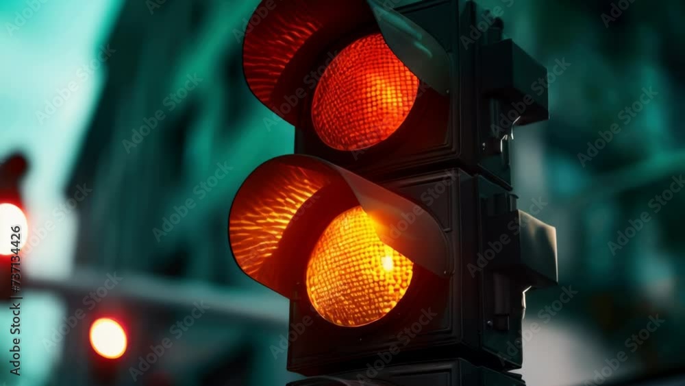 Poster a close up view of a traffic light on a city street. this image can be used to illustrate urban infr