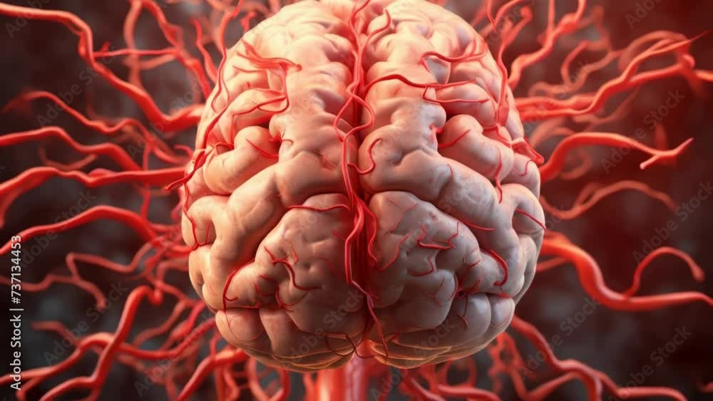 Poster A close-up view of a brain with vivid red blood. This image can be used to illustrate medical concepts or depict the brain's intricate network of blood vessels.