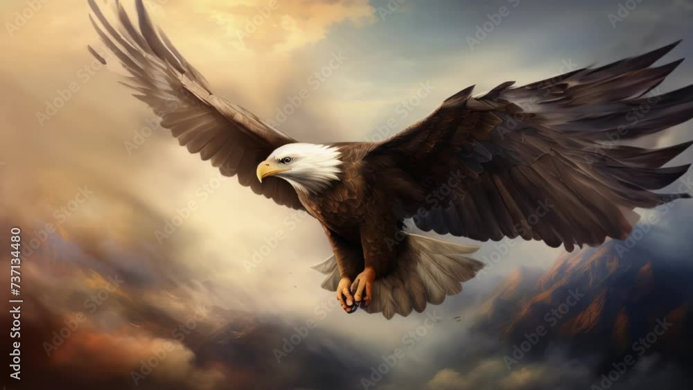 Poster a powerful bald eagle soaring through the sky amidst a backdrop of billowing clouds. perfect for nat