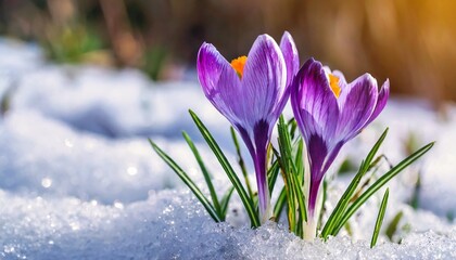 crocuses blooming purple flowers making their way from under the snow in early spring closeup with space for text