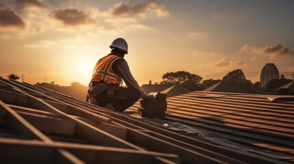Construction worker wearing safety harness belt during working on roof structure. Roofer Construction worker install new roof