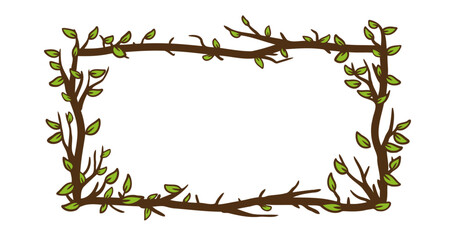 Tree frame, floral horizontal border. Plant and twig decoration isolated on white background. Decorative vintage scary element with leaves. Dark forest concept.