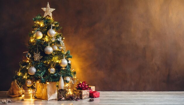 christmas tree decorated with toys and soft warm lights over dark brown tan wall christmas new year festive composition