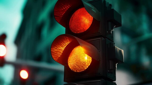 A close up view of a traffic light on a city street. This image can be used to illustrate urban infrastructure or transportation concepts.
