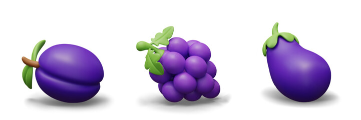 Set of purple vegetables, berries, fruits of purple color. Vector isolated objects