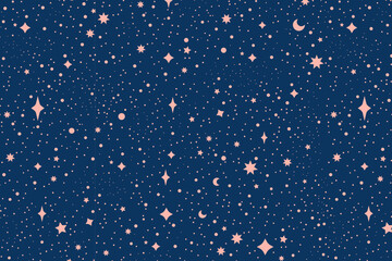 Flat star night sky horizontal background. Colorful Cosmos pattern with stars. Repeating Space Pattern. Dark Sky with colorful stars. Vector Illustration.