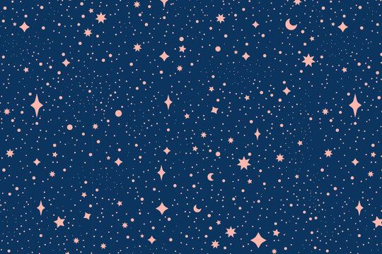 Flat star night sky horizontal background. Colorful Cosmos pattern with stars. Repeating Space Pattern. Dark Sky with colorful stars. Vector Illustration.