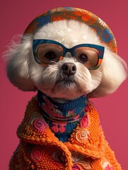 Bichon Frise dog portrait with high necked sweater, showcasing innovative and fashionable beauty trends from the 1960s