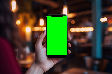 Young woman holding smartphone with green mock-up screen.