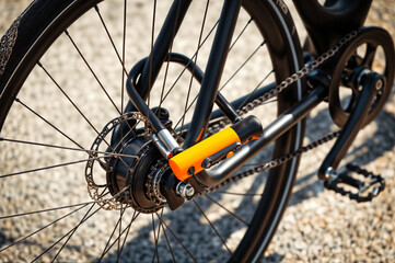 A bike tire with a chain and an orange bike lock