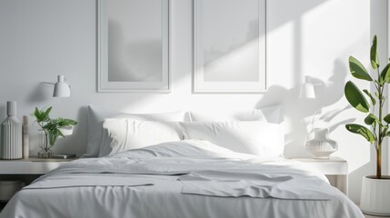 A serene minimalist bedroom bathed in soft morning sunlight, with crisp white bedding and fresh green plants. - obrazy, fototapety, plakaty