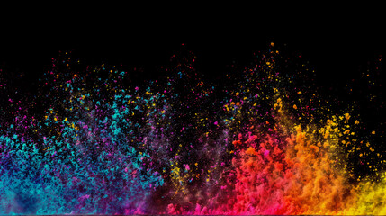 A black background with a colorful cloud of dust in the foreground. The dust is a mix of pink, blue, yellow, and red colors