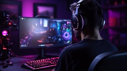 Professional male esports streamer playing online game computer with headphones