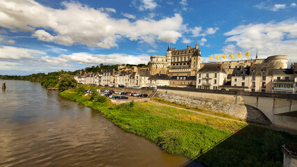 Amboise, France. The walled town and Chateau of Amboise reflected in the River Loire.