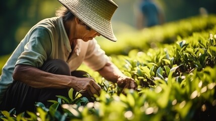 Male worker picking tea leaves using a lute hat on green plantation. man working on Tea farm harvest
