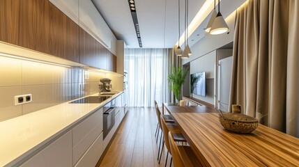 interior design is modern kitchen a room with white tones, and gray floors, and decorated with built-in furniture made from oak wood. equipped kitchen with a stylish sink, cabinet, stove, and oven