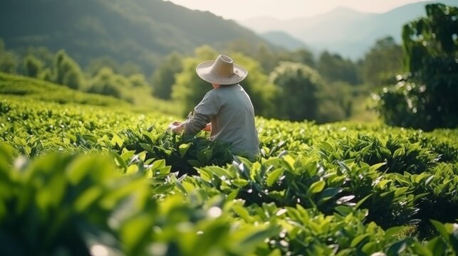 Male worker picking tea leaves using a lute hat on green plantation. man working on Tea farm harvest