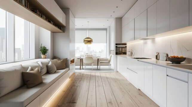 interior design is modern kitchen a room with white tones, and gray floors, and decorated with built-in furniture made from oak wood. equipped kitchen with a stylish sink, cabinet, stove, and oven