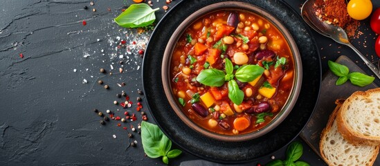 a bowl of chili with beans , vegetables and bread on a table . High quality