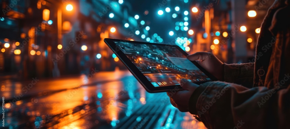 Leinwandbilder Close-up of a person's hands using a digital tablet with interactive city map against a backdrop of vibrant city lights at night.