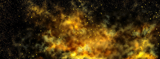 A black background with a gold mist and sparks of light