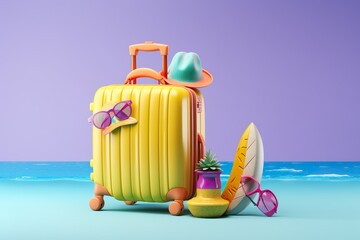 3d Travel accessories with suitcase with classy background copy space travel  suitcase