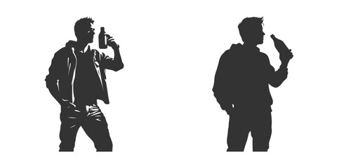 Silhouette of a casual young man drinking from a bottle. Vector illustration