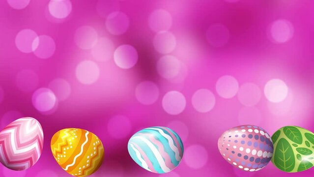 Multicolored Easter eggs rolling on a pink color bokeh background. Loop animation. Easter Bunney animation on pink bokeh