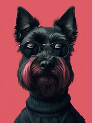 Scottish Terrier dog portrait with glasses and high necked sweater, showcasing innovative and fashionable beauty trends
