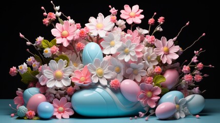 a bouquet of wild cherry ,eggs in easter on blue background