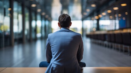 depressed businessman suffering from depression sitting alone in the hall feeling lonely. in an empty and empty workplace