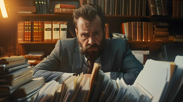 Handsome businessman with a stressed expression and looking at a desk full of files in the office