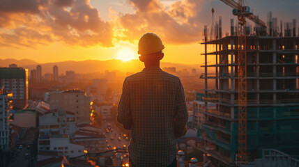 Young engineer looking at condominium construction work In the evening when the sun is setting - obrazy, fototapety, plakaty