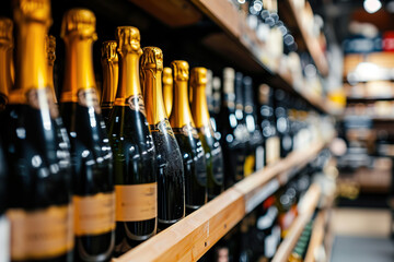 Champagne bottles on wine Store shelves. People purchasing gastronomy food concept