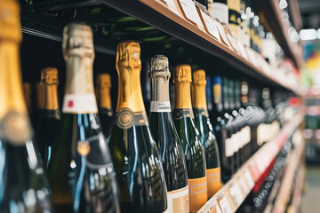 Champagne bottles on wine Store shelves. People purchasing gastronomy food concept